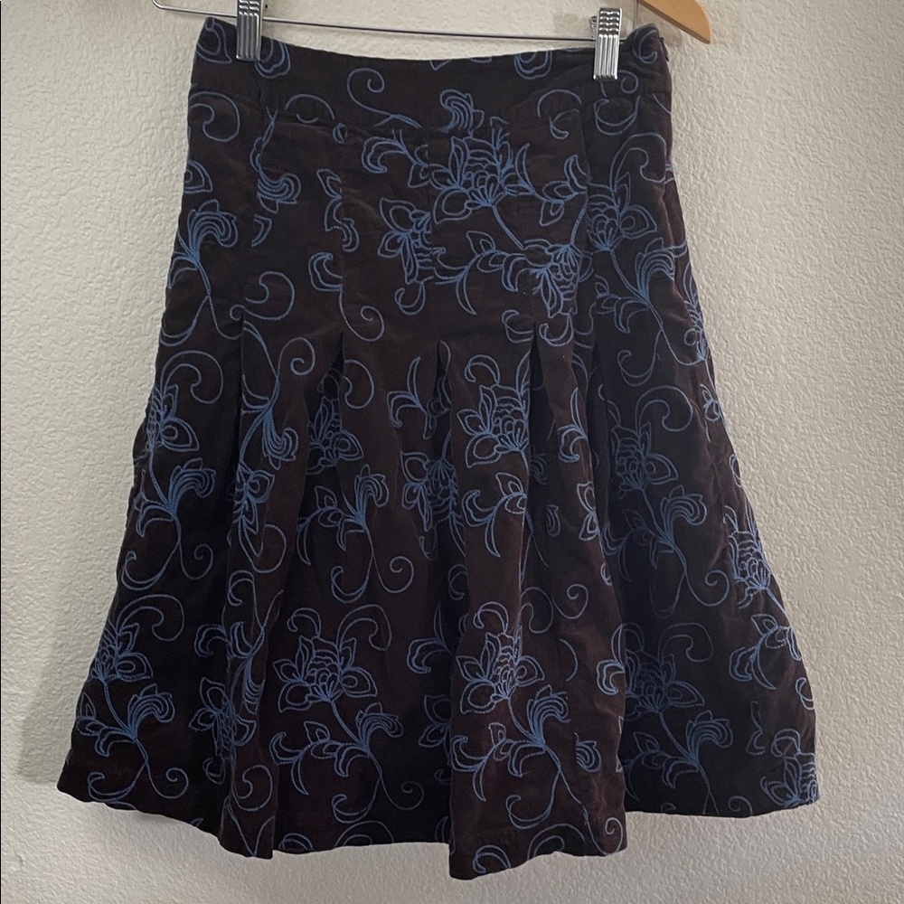Boden Brown corduroy Skirt Blue Floral Embroidery knee high western 8 waist 28